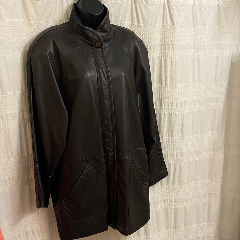 VTG Pelle Pelle dark brown funnel neck long Leather Jacket trench m